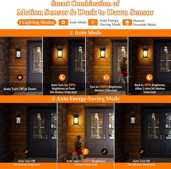 FILIYANO Motion Sensor Outdoor Wall Light Fixture, Dusk to Dawn, 1 Pack | Anti-Rust, Waterproof Exterior Lantern with 3 Modes, Modern Farmhouse Coach Sconce for Front Door, Garage, Porch, Entryway