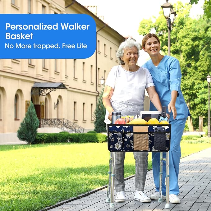 Dotday Upgraded Walker Basket with Cup Holder, Foldable Walker Bag | Basket for Walker for Senior, Walker Accessories for Folding Walker, Large Capacity, Never Tipping Over, Not Fit for Rollator