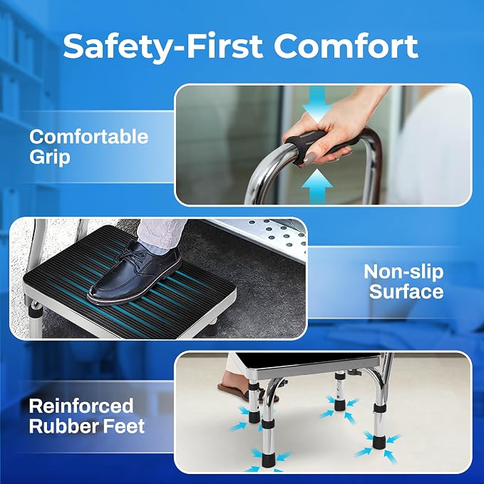 Step Stool with Handle for Elderly (300 lbs. Capacity), Adjustable Step Stools for Adults with Handrail, Non-Slip Heavy Duty Height Adjustable and Steel Frame Platform for high beds