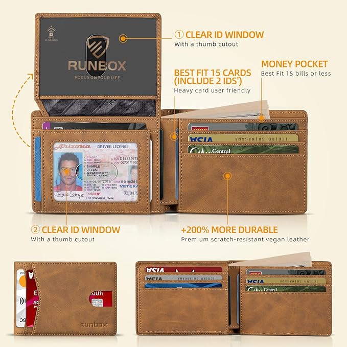 RUNBOX Wallet for Men -Slim Rfid Leather Mens Bifold Novelty Wallets 2 ID Window With Gift Box Men's Accessories | Minimalist Front Pocket Design, Holds 15 Cards, Large Capacity with Cash Pocket,Compact and Thin, Birthday Gifts for Men