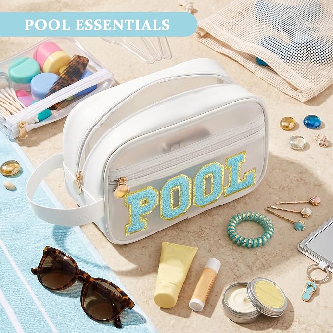 COSHAYSOO Clear POOL Makeup Bag Small Travel Pouch for Women Teenager Girls Pool Accessories Stuff Organizer Preppy Chenille Letter Patch Summer Girly Things