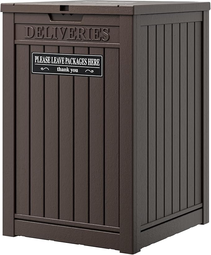 Package Delivery Box for Outside with Sticker, 48 Gallon Storage with Lockable Secure, Large Double Wall Resin Outdoor Package Delivery Waterproof Deck