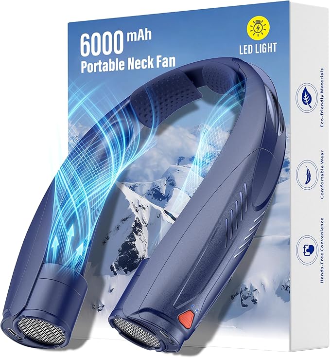 Portable Neck Fan with Reading Light, 6-Speed Wearable Fan, 6000mAh USB-C Rechargeable Hands Free Fan, Summer Gifts for Men Women, for World Cup, Outdoor Work, Travel, Camping - Navy Blue