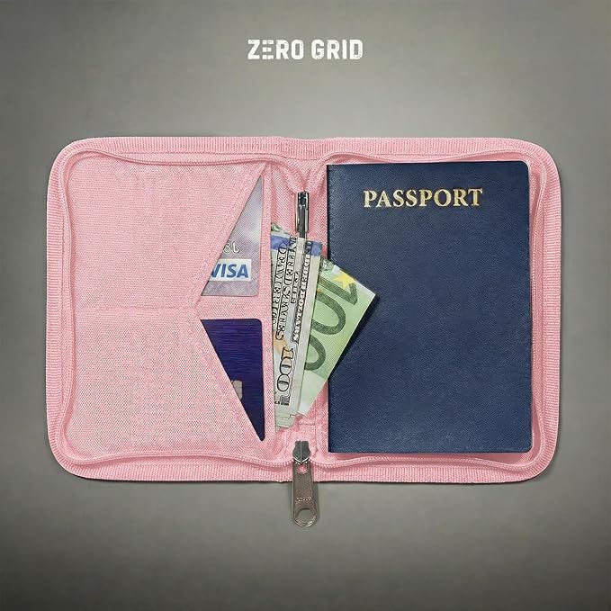 Zero Grid RFID Passport Holder for Passports & Cards, Zippered, Pink | Zippered Travel Wallet for Men & Women, Fits Passport, Cards, Cash, ID, Sim Card; Compact Travel Document Holder, Rose Pink