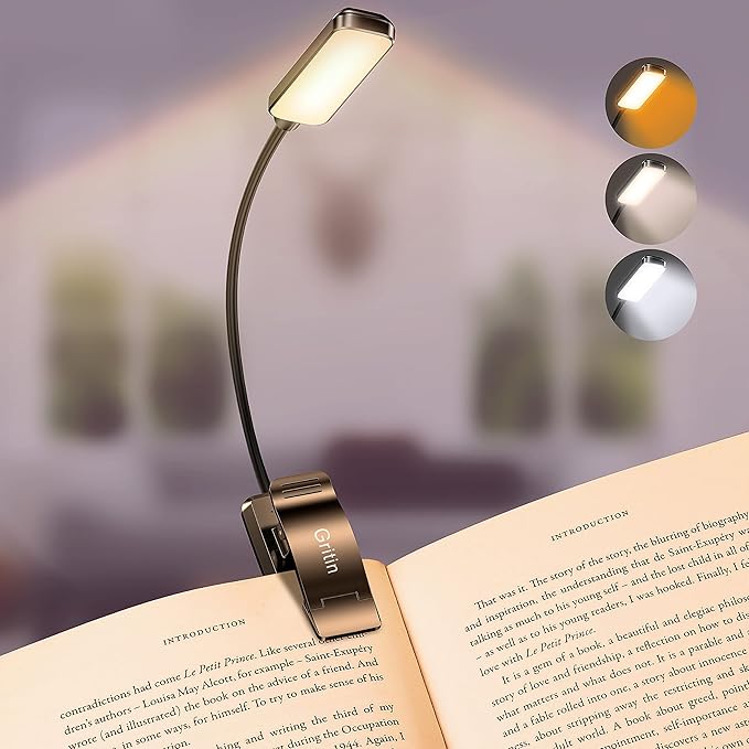Gritin 9 LED Rechargeable Book Light for Reading in Bed - Eye Caring 3 Color Temperatures,Stepless Dimming Brightness,80 Hrs Runtime Small Lightweight Clip On Book Reading Light for Studying