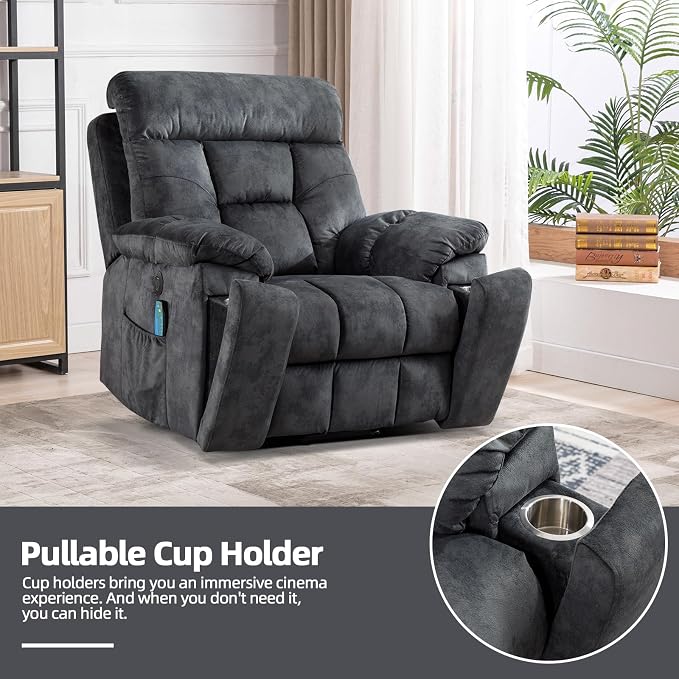 Large Power Lift Recliner Chair with Massage and Heat for Elderly Big and Tall People, Overstuffed Wide Recliners with 2 Cup Holders, Side Pocket and USB Port, Grey