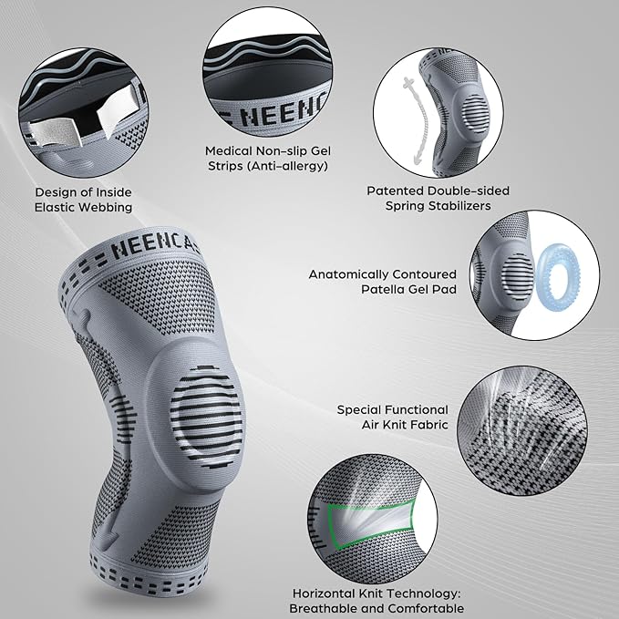NEENCA Professional Knee Brace for Pain Relief, Medical Knee Support with Patella Pad & Side Stabilizers, Compression Knee Sleeve for Meniscus Tear, ACL, Joint Pain, Runner, Workout (Gray, Medium)