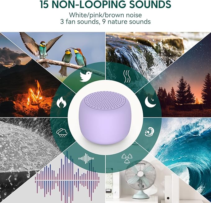 White Noise Machine Babelio Mini Sound Machine for Adults Kids Baby | 15 Non-looping Sounds | Timer | Easy to Pocket and Travel - Purple