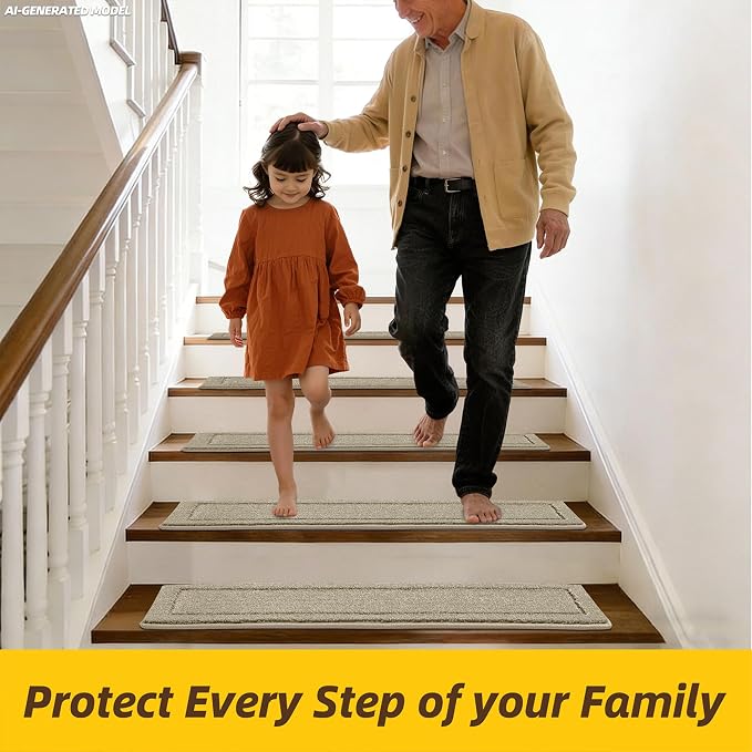 JSEI Stair Treads for Wooden Steps Indoor, 15-Pack, 30" x 8", Light Beige | Non Slip Stair Treads, Washable Polyester Stair Mats with TPE Backing, Low Profile Stair Rugs for Kids, Seniors and Dogs