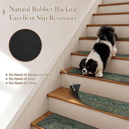 OJIA Non-Slip Stair Runner for Wooden Steps Indoor 15PC 30"x8" Stair Treads | Floral Carpet Stair Treads Stair Mats Staircase Step Treads for Kids, Elders and Dogs, Stair Covers, Green