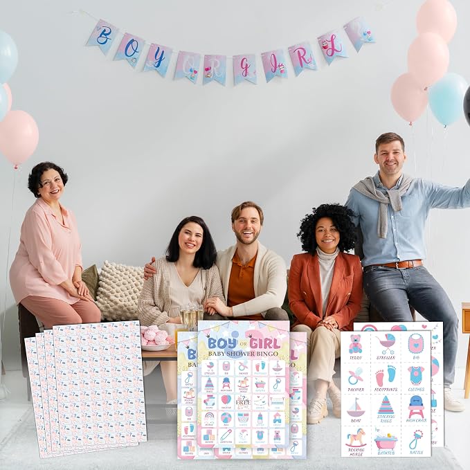 Gender Reveal Bingo Game Cards - 24 Players Neutral Baby Shower Activities for Family and Friends, Pregnancy Announcement Bingo Cards for Adults, Holiday Party Supplies Favors