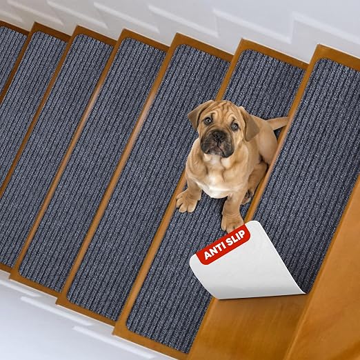MBIGM 8" x 30" Non Slip Carpet Stair Treads Indoor (4 Pack), Non Skid Stair Rugs for Stairs, Slip Resistant Stair Runner for Kids, Seniors & Pets, Reusable Adhesive, Gray