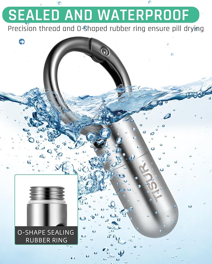TISUR Small Titanium Keychain Pill Holder, Pocket Pill Case for Travel | Waterproof Pill Fob,Portable Pill Box Container,Purse Pill Organizer Tube