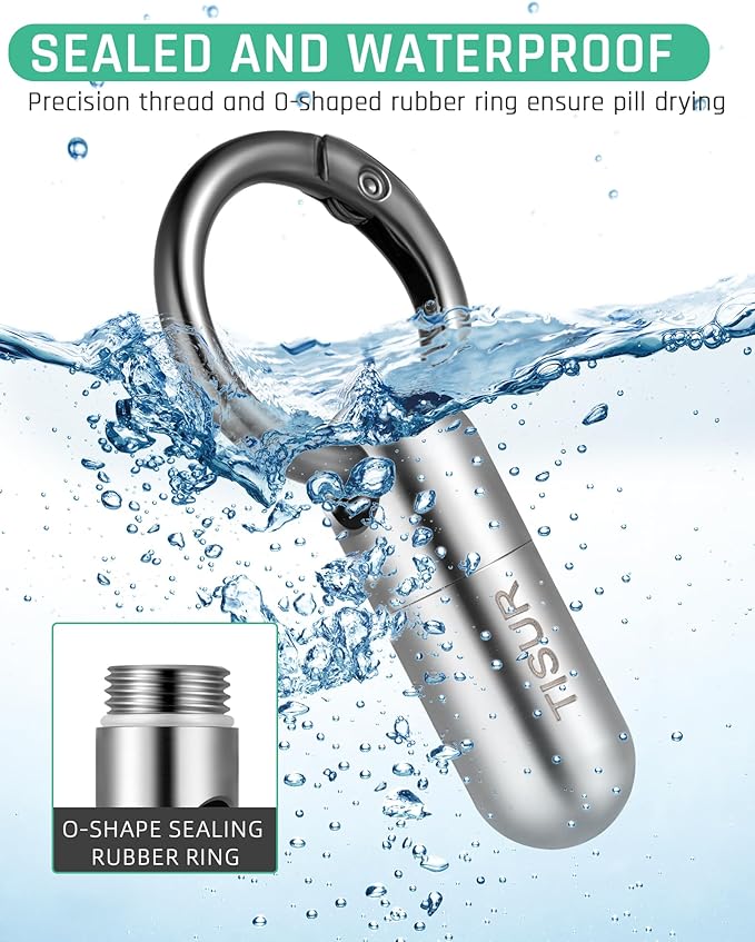 TISUR Small Titanium Keychain Pill Holder, Pocket Pill Case for Travel | Waterproof Pill Fob,Portable Pill Box Container,Purse Pill Organizer Tube