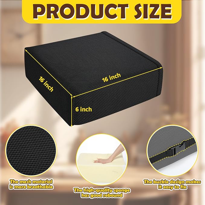 Geelin Booster Cushion for Adults Seat and Chair Cushion with Strap Easy Rise for Elderly Butt Foam Seat Pillow for Adults Seniors Wheelchair Home Office Patio(Black,16 x 16 x 6 Inch)