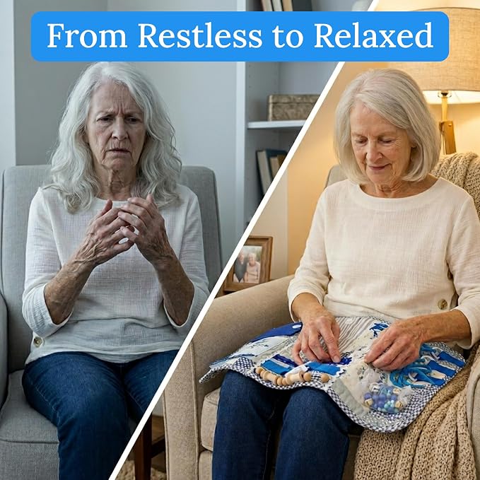Fidget Blanket for Adults with Dementia w/Ten Dementia Gadgets & Activities, Best Gifts for Dementia Patients, 20 X 12 in, Blue Busy Blanket for Dementia Patients, Dementia Activities for Seniors