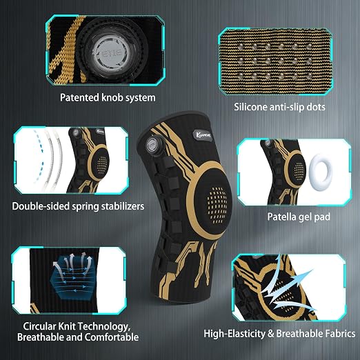 Kuangmi Knob Knee Brace for Pain Relief, Knee Support with Patella Gel Pad & Side Stabilizers, Compression Knee Sleeve for Workout, Arthritis, Joint Pain, Meniscus Tear (Gold Black,Right,X-Large,Single)