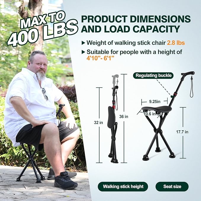 Walking Cane with Seat Holding 400lbs – Folding Lightweight Walking Cane Chair for Seniors, Adjustable Height 32"-36", Heavy-Duty 3-Legged Cane Stool for Men Women (Black)