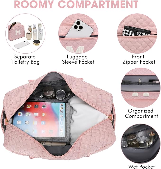 Initial Travel Duffle Bag for Women - Pink Personalized Weekender bags Overnight Bag with Shoe Compartment & Wet Pocket Weekend Tote Bags with Toiletry Bag Monogram Xmas Gifts (Letter M)