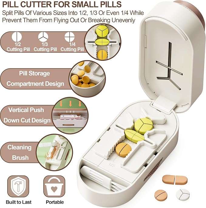 Pill Cutter Splitter for Small and Tiny Pills, Vertical Push Down Cut Pill Cutter 1/4 1/3 1/2, Accurate Pill Cutter for Small or Large Pills with Storage Cleaning Brush Pill Crushers for Elderly Pets