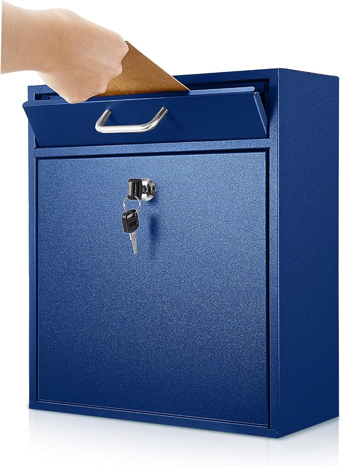 Yaocom Locking Mailbox with Key for Outdoor 12 x 10.5 x 4.7 Inches Large Wall Mount Mail Box with Lock Security Mail Drop Metal Collection Boxes Hanging Secure Postbox(Dark Blue)