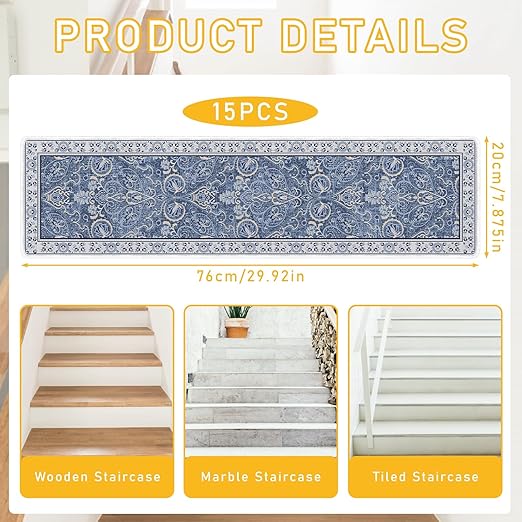 Floral Stair Runner Non Slip 15 Pack Stair Treads 8x30 | 15PCS Wooden Steps Stair Treads 8x30 Inch, Stain Resistant Washable Stair Carpet Rug Silicone Backing, Kids Elders