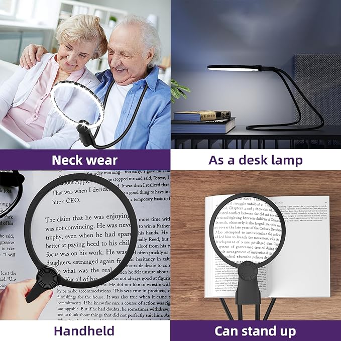 6X Hands-Free Magnifying Glass & Goose Neck Magnifier with Light | Neck-Worn Rechargeable for Reading, Crafts, Cross Stitch | Large View for Low Vision Seniors & Close Work