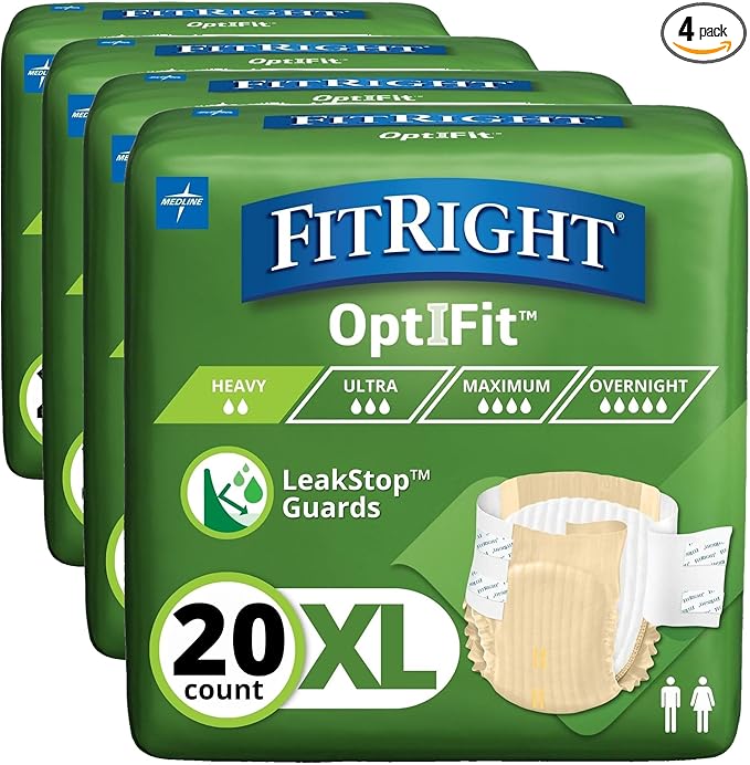 FitRight Adult Diapers, Extra+ Heavy Absorbency, XL (Waist Size 56in-64in), OptiFit Incontinence Briefs for Men/Women, Disposable, Moisture-Wicking, Leak Protection, 20 Count (Pack of 4)