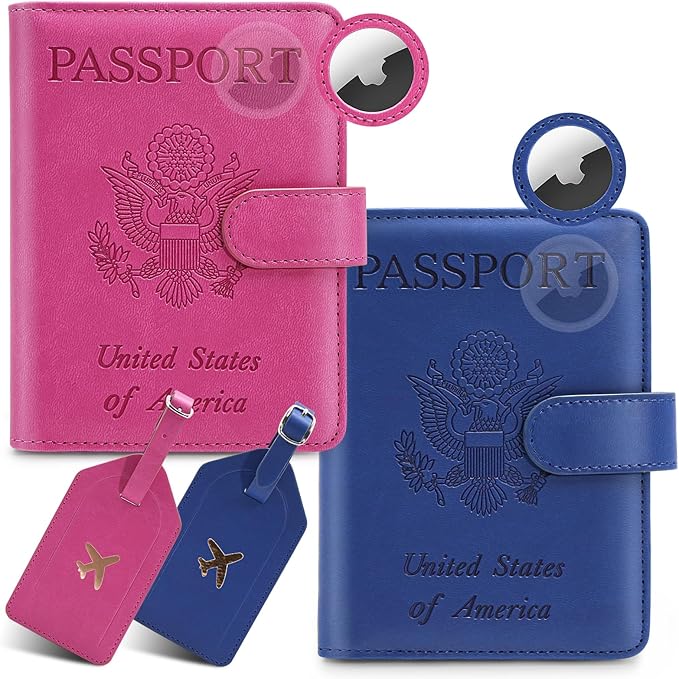 2 Pack Passport Holder For Travel with Slot for AirTag & Luggage Tag Cover – RFID Blocking Passport Holder for Travel Women/Men | PU Leather Passport Case with Pocket, Blue/Pink