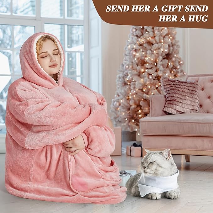 JOYWOO Pink Foldable Wearable Blanket Hoodie,Oversized Cat Lovers Sweatshirt Blanket for Adult, Birthday Gifts for Women,Mom,Men,Cozy Sherpa Hooded Blanket with Giant Pocket and Winter Gifts