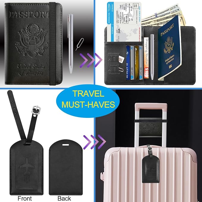 Passport Holder With Luggage Tag, Travel Essentials, Passport Cover | Passport Wallet, Travel Accessories, RFID Blocking, Synthetic Leather Card Case, International Must Haves, For Women Men