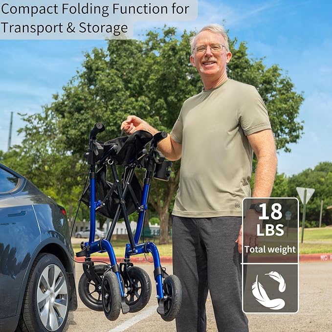 Rollator Walker for Seniors, Lightweight Foldable All Terrain Rolling Walker with seat, Aluminum Walkers with 10 inch Rubber Wheels, Handles and Backrest for Seniors and Adult