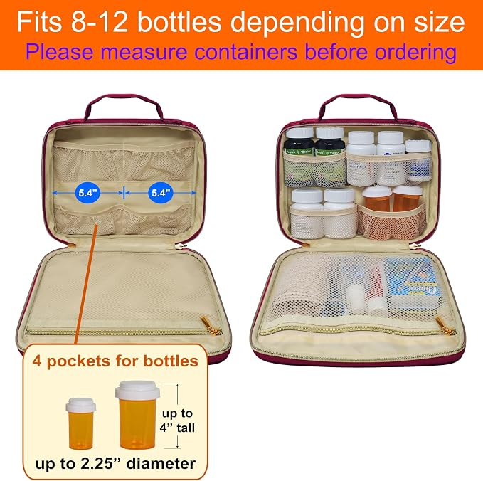 Large Travel Pill Bottle Organizer, Slim Medicine Bag, Carrier for Medications and Medical Supplies - Red WIne Ultrasonic