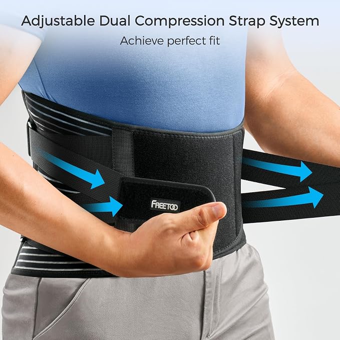 FREETOO Back Braces for Lower Back Pain Relief with 6 Stays, Breathable Back Support Belt for Men/Women for work, Anti-skid lumbar support belt with 16-hole Mesh for sciatica(Waist Size:45.3''-55'')