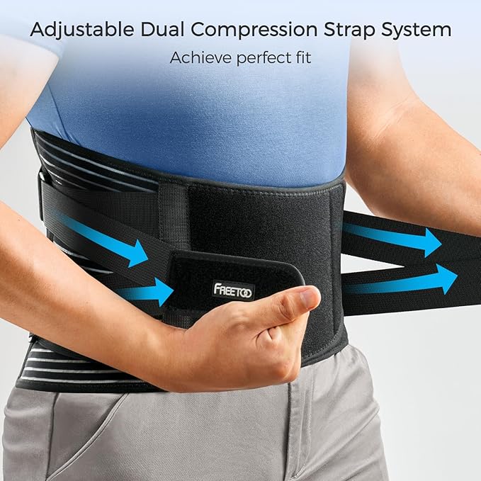 FREETOO Back Braces for Lower Back Pain Relief with 6 Stays, Breathable Back Support Belt for Men/Women for work , Anti-skid lumbar support belt with 16-hole Mesh for sciatica(M)