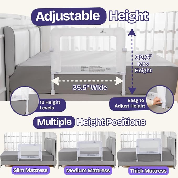 ComfyBumpy Premium Adjustable Bed Rail for Toddlers, Swing-Down Safety Guard, Height Adjusts 24.4"–32.3" H, 35.5" Regular Length, Sturdy Steel & Breathable Mesh, for Twin, Full & Queen, Gray, 1-Pack