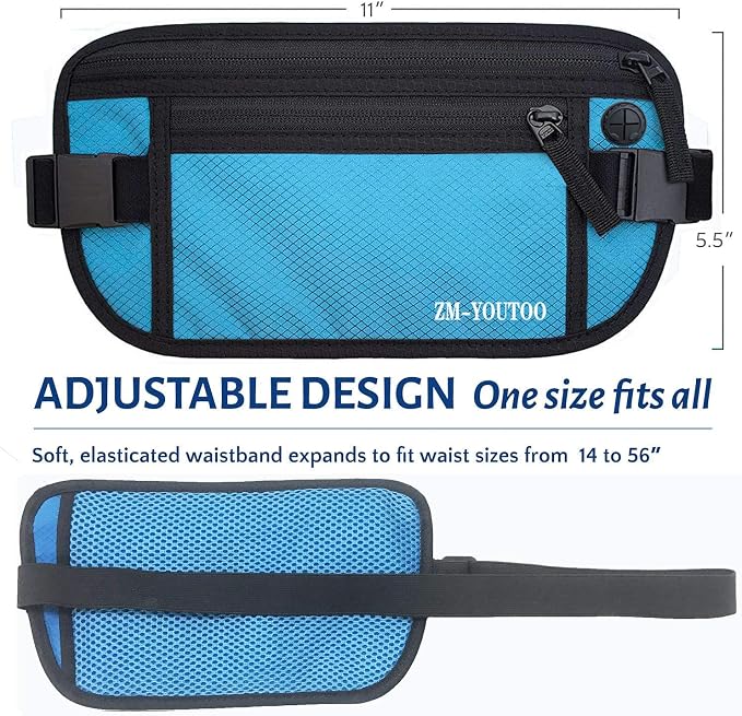 ZM-YOUTOO Money Belt for Travel - Hidden Travel Pouch Protect Your Credit and Money With RFID Blocking Passport Holder Waist Wallet (Blue)