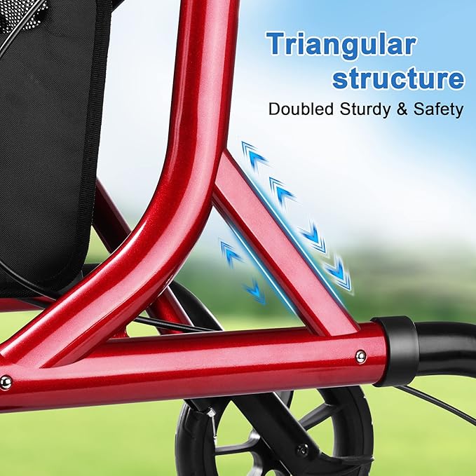 WALK MATE Rollator Walker for Seniors with Cup Holder, Upgraded Thumb Press Button for Height Adjustment, 4 x 8 Wheels Walker with Seat Padded Backrest Folding Lightweight Walking Aid, Red