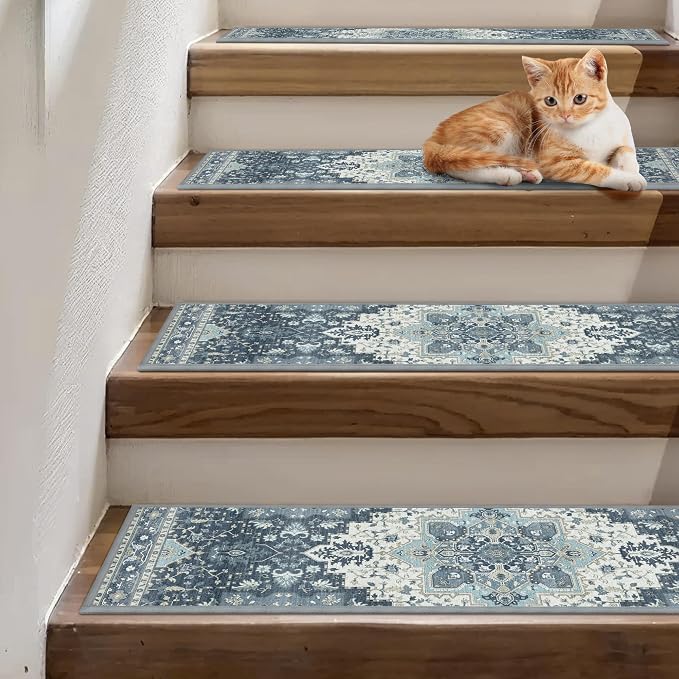 sarben 8"x30" Non Slip Stair Treads for Wooden Steps 15 Pack, Navy | Peel and Stick Carpet Stair Runner with TPE Adhesive Backing, Carpet for Added Safety, Pet and Senior Friendly