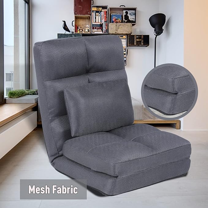 Indoor Chaise Lounge Sofa, Floor Chair with Back Support for Adults, 14 Angle Adjustment Recliner Chair, Folding Floor Lounger with Pillow 8823(Grey-2)