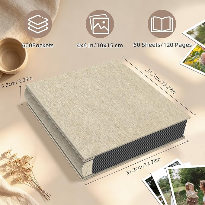 Popotop Photo Album 4x6 600 Pockets for Wedding Gifts,Linen Hardcover Picture Albums for Family Anniversary Baby Vacation Pictures