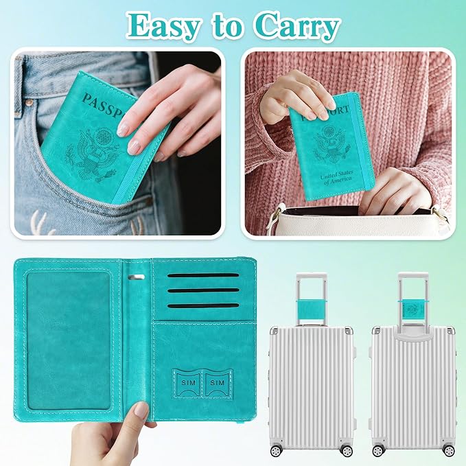 Passport Holder for Travel, RFID Blocking Passport Cover with Pen Holder Leather Passport Wallet Case Travel Must Haves Accessories Passport Book Card Holder for Family Travel Essentials, Turquoise