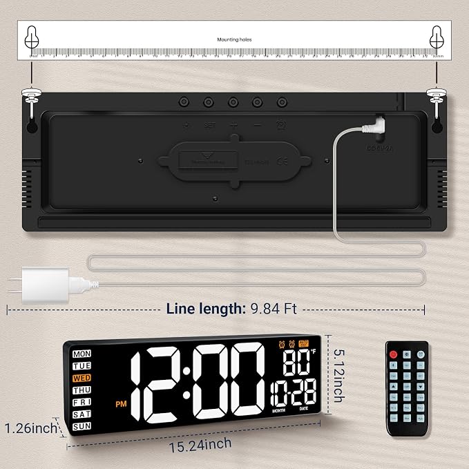 16.5" Large Digital Wall Clock with Remote Control, Auto-Dimming LED Display with Date Temp, Big Number Wall Mount Decor Clock for Seniors, Classroom, Dorm, Home, Office, Gym White
