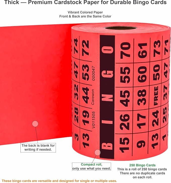 250 Bingo Cards, Large 4.5 x 4.5 Inch, Red, Paper Bingo Sheets | 8 Color Options, Premium Cardstock, Disposable with Daubers or Reusable with Chips — Proudly Made in USA