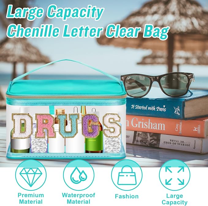 Clear Patch Letter Bag Medicine Drugs Pouch with Handle, Travel Chenille Letter Makeup Cosmetic Bag for Women Girls, Waterproof Nylon PVC Zipper Toiletry Meds Storage Case Stadium Bag(Green, DRUGS)