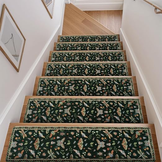 OJIA Insect Stair Treads Non Slip Stair Runners for Wooden Steps 15PCS | 8"x30" Carpet Stair Treads for Wood Stairs Indoor Rubber Backing Staircase Step Treads for Kids & Dogs, Stair Covers, Black