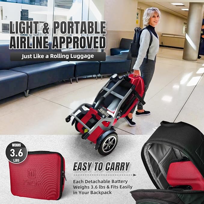 R3b-Mobility Scooters for Seniors Adults Ultra Lightweight 37.5 Ibs Electric Powered Folding 4 Wheel Mobility Scooter with Cup Holder, Compact & Convenient for Travel Airline Approved, Red