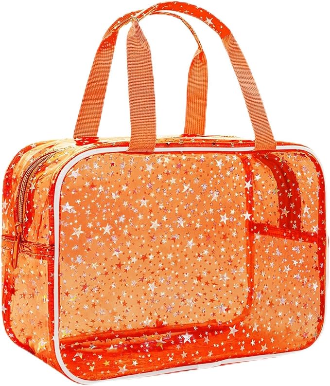 Clear Orange Star Large Makeup Bag with Star Pattern 12x5x8 inch, Travel Cosmetic Bag with Handle, Durable PVC Material Washbag Zipper Opening Design for Makeup Travel Organizer or Gym Use