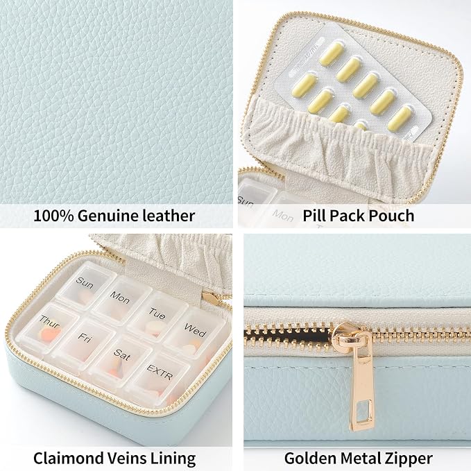 Genuine Leather Travel Pill Organizer Box Case 1 Times a Day for Purse for Women, Cute Medicine Pill Holder Containers for Vitamin Small Weekly Daily 7 Day Am Pm Pill Organizer(Black)