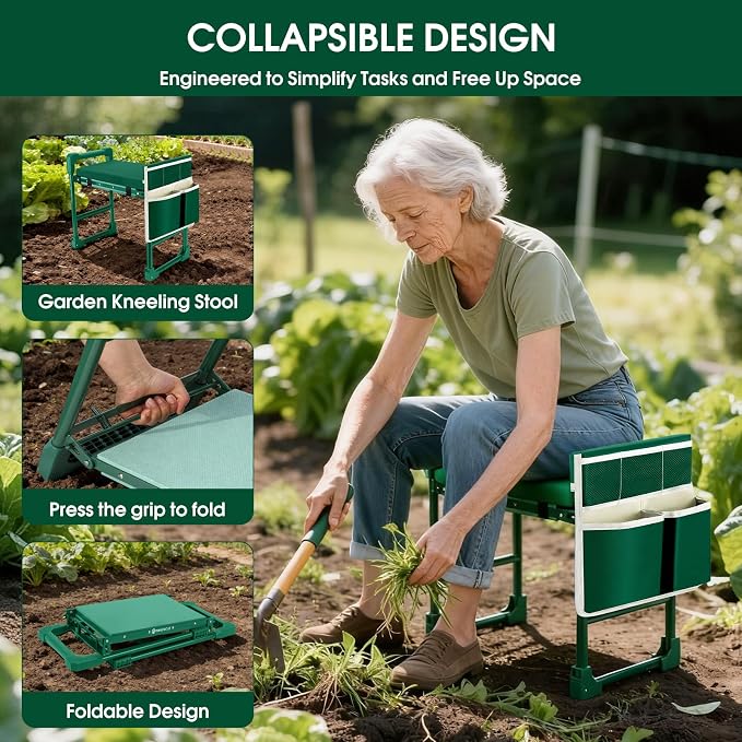 Garden Kneeler and Seat for Seniors: Heavy Duty 600 LBS Support Anti-Tip Multifunctional Gardening Stool Bench with Widened Thick Soft Kneeling Pad & Tool Bag - Foldable for Gardeners
